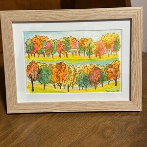 Original signed Autumn Trees Watercolor with gold accents